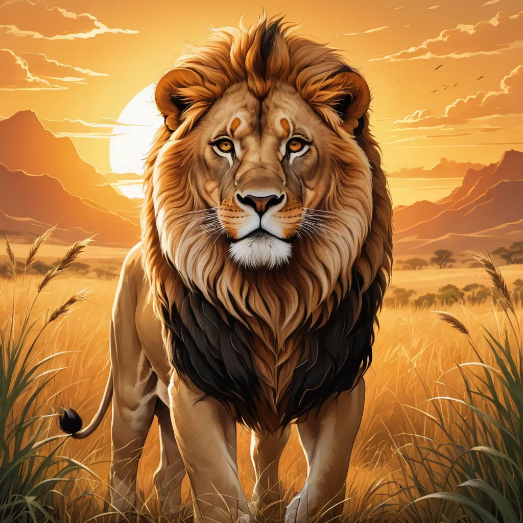 a lion standing in a field of grass with the sun setting behind it and mountains in the background,, fantasy art, a digital painting, Chris LaBrooy, highly detailed digital painting