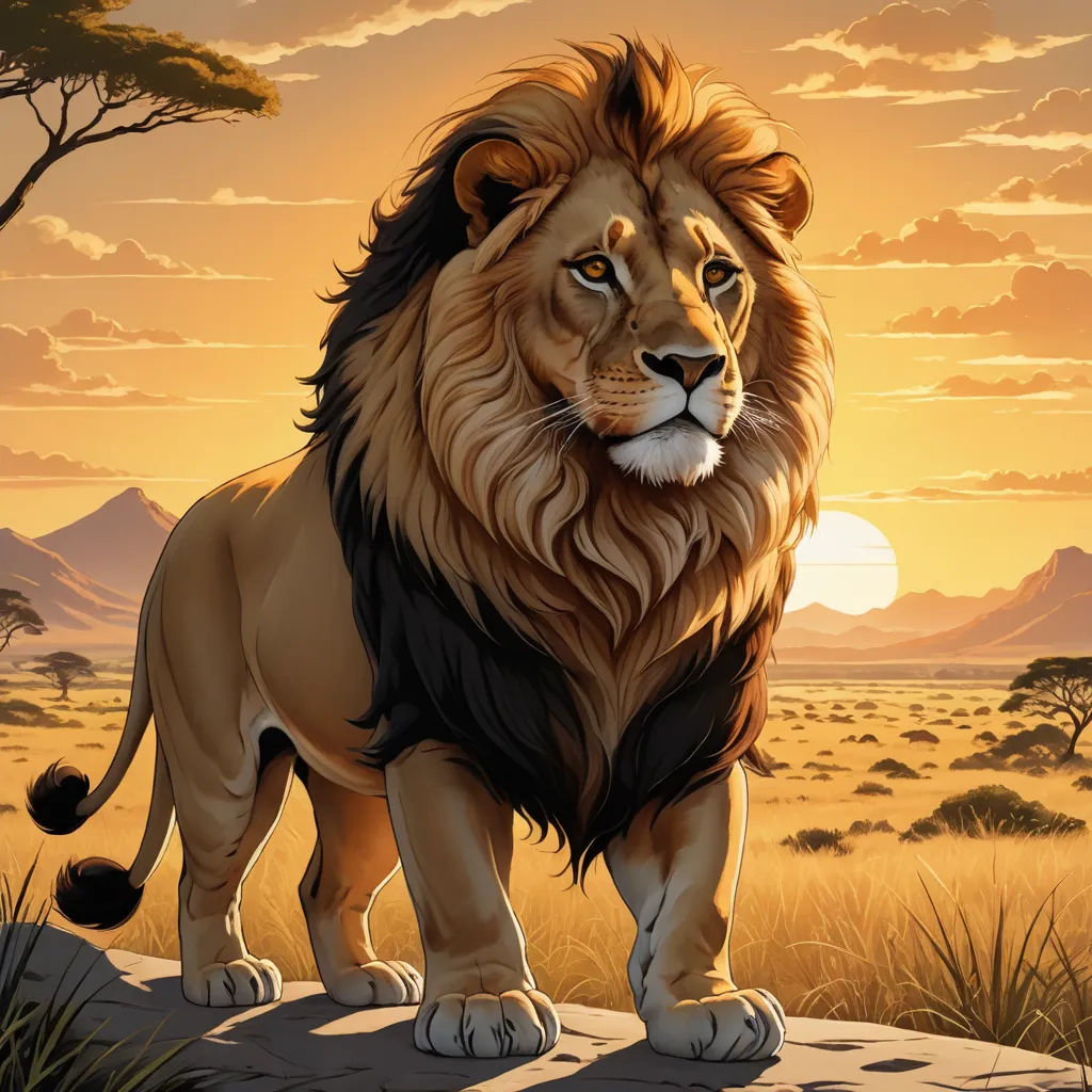 a lion standing on a rock in the middle of a field with a sunset in the background and a tree in the foreground, furry art, an airbrush painting, Chris LaBrooy, majestic