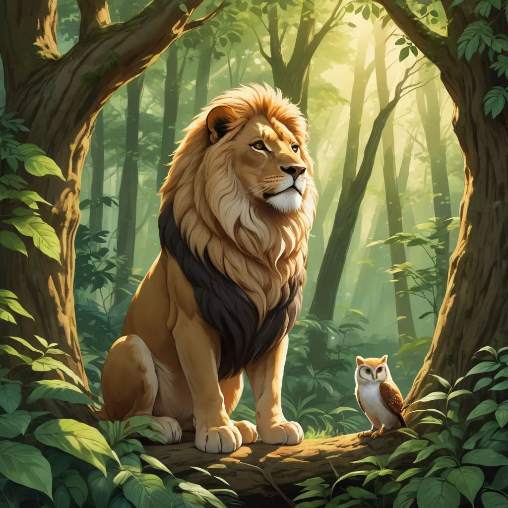 a lion and a owl sitting in a forest with trees and foliages on the ground and a sunbeam, sots art, a storybook illustration, Chris LaBrooy, official art