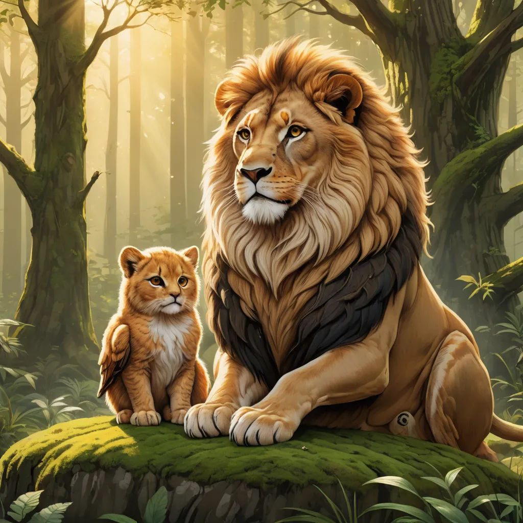 a lion and a cub sitting in the forest together, with the sun shining through the trees behind them, furry art, an oil painting, Brothers Hildebrandt, official art