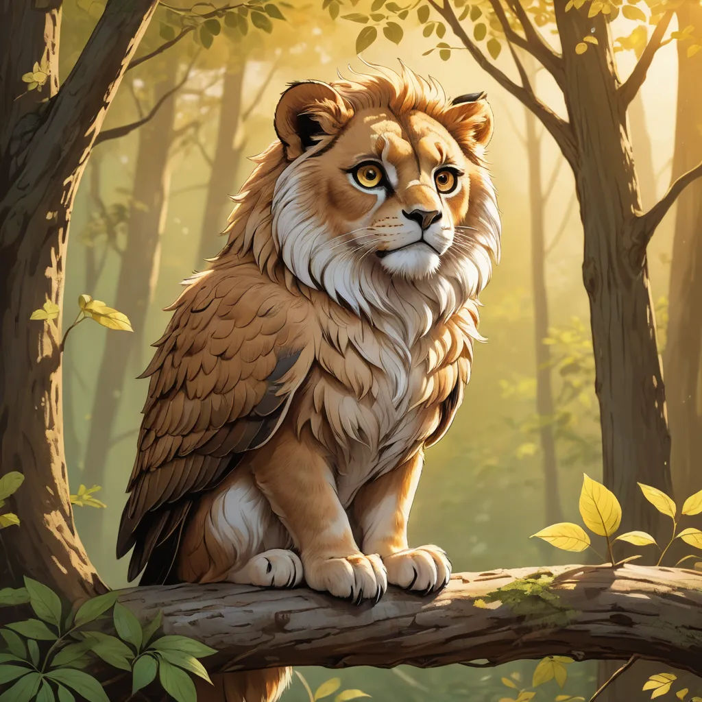 a painting of a lion sitting on a tree branch in a forest with leaves and trees in the background, fantasy art, a character portrait, Chris LaBrooy, official art