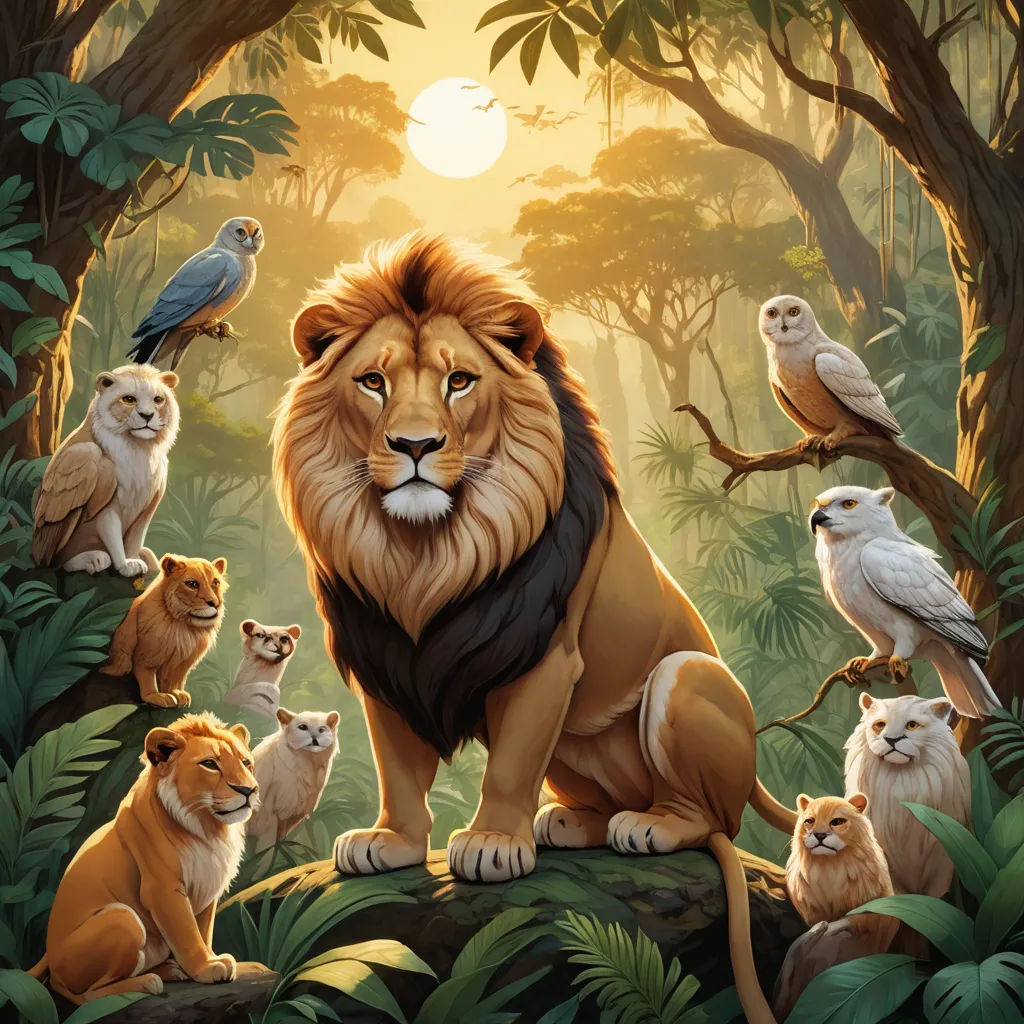 a lion surrounded by other animals in a jungle setting with a bird on his shoulder and a bird on his shoulder, furry art, an album cover, Chris LaBrooy, official art