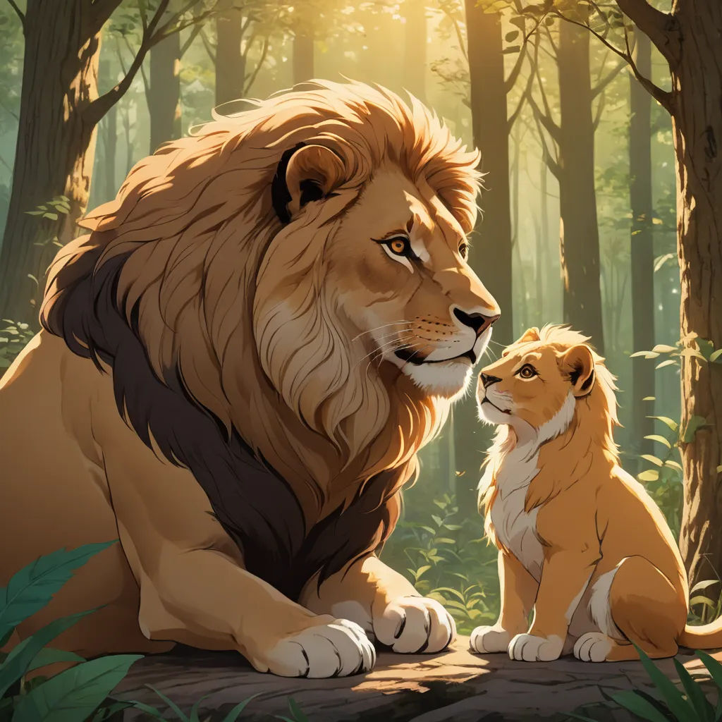 a lion and a lion cub sitting in the woods together, looking at each other, with the sun shining through the trees behind them, furry art, a painting, Don Bluth, official art