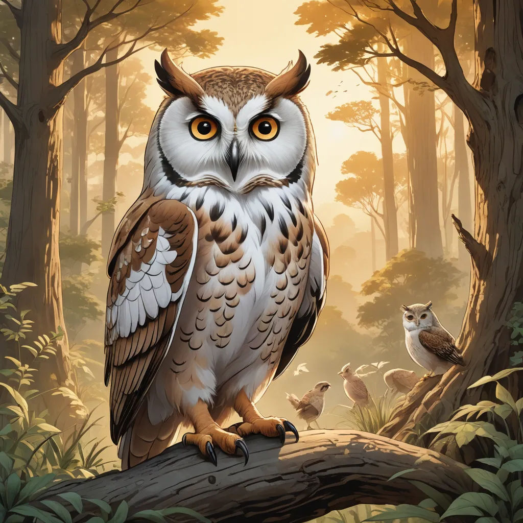 a painting of an owl sitting on a tree branch in a forest with other birds around it and a yellow - eyed owl, fantasy art, a storybook illustration, Chris LaBrooy, magic the gathering artwork