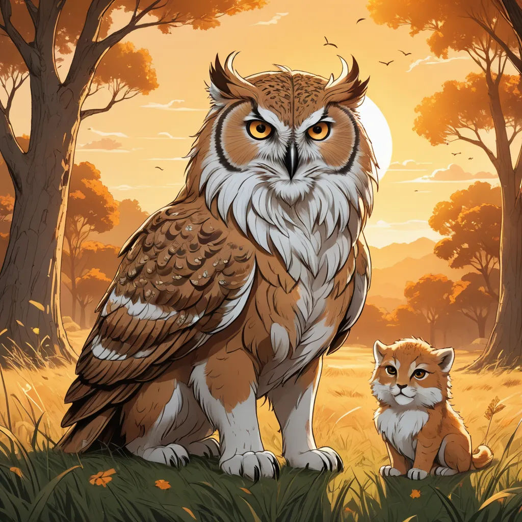 a painting of an owl and a fox in a forest with trees and grass at sunset with a yellow sky, fantasy art, a storybook illustration, Chris LaBrooy, trending on art station