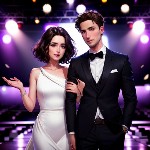 a man and a woman in formal wear posing for a picture in front of a stage with lights and spotlights