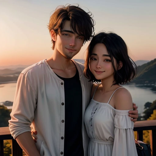 a man and a woman standing next to each other near a lake at sunset or sunset time, with a mountain in the background