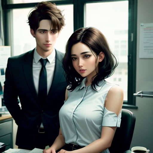 a man and a woman standing in an office setting with a computer on a desk and a desk top