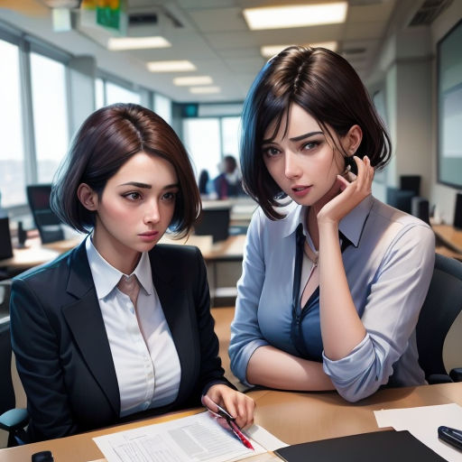 two women sitting at a desk with papers and a phone in their hands, one of them is on her phone