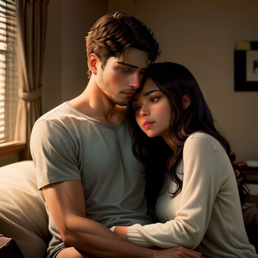 a man and a woman sitting on a bed together, one of them is hugging the other is looking at the camera