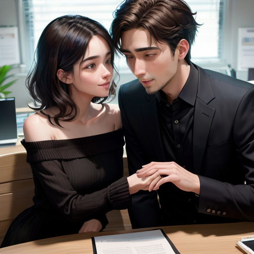 a man and a woman sitting at a desk together looking at a document on a clipboard with a pen in it