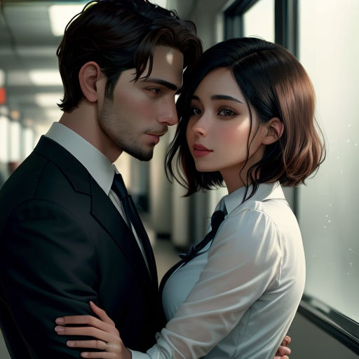 a man and a woman are standing together in a hallway, one of them is hugging the other is wearing a suit