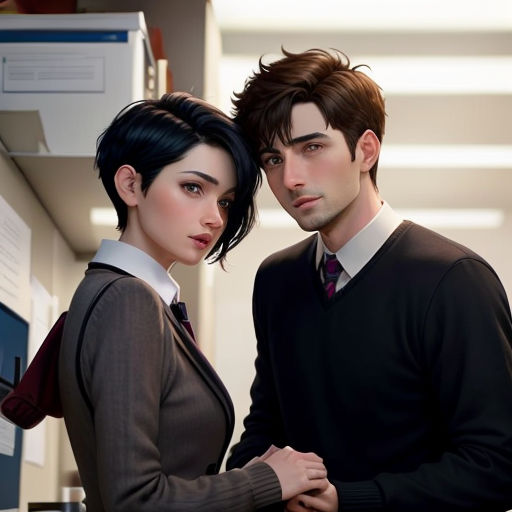 a man and a woman standing next to each other in a room with a computer screen on the wall