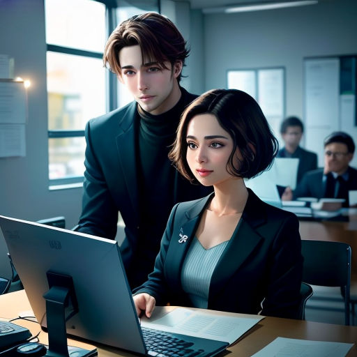 a man and woman sitting at a desk with a laptop computer in front of them, and a man standing behind them