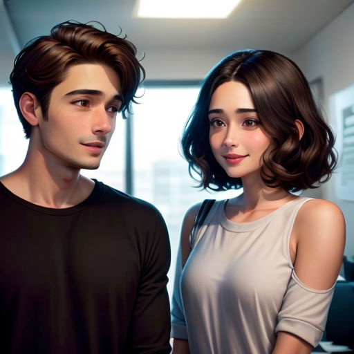 a man and a woman standing next to each other in a room with a window and a desk in the background