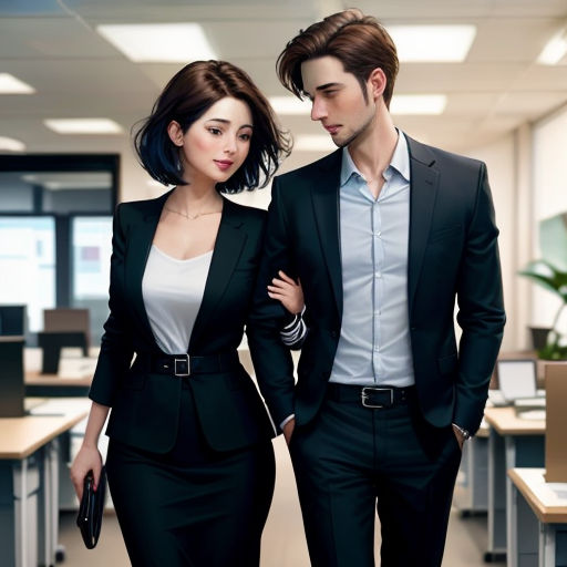 a man and woman in suits standing in an office setting with desks and chairs in the background, looking at each other
