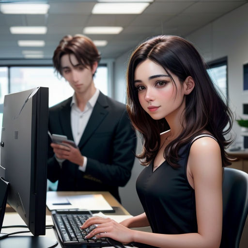 a woman sitting at a desk with a computer and a man standing behind her looking at a cell phone
