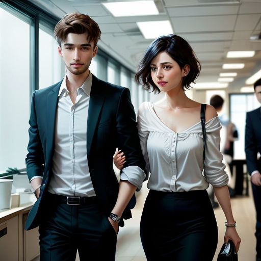 a man and a woman walking down a hallway together in formal wear and holding hands and looking at the camera