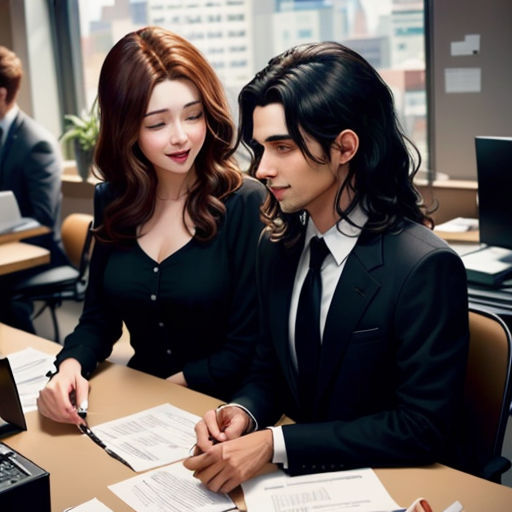 a man and woman sitting at a desk in an office setting with paperwork and a laptop computer on the desk