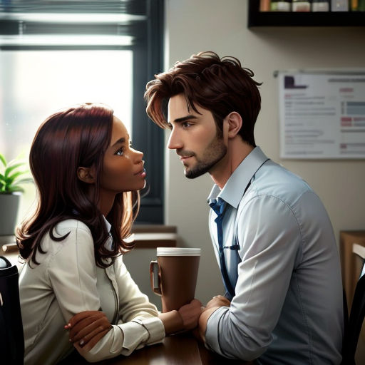 a man and a woman sitting at a table with a cup of coffee in their hands and looking at each other