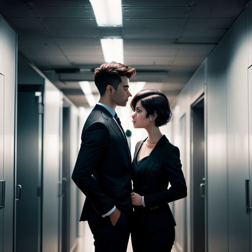 a man and woman standing in a hallway next to each other in suits and ties, facing each other