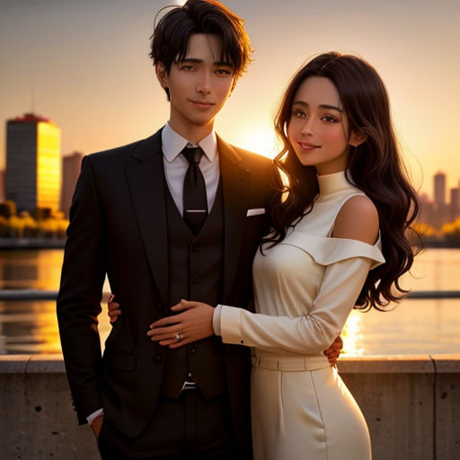 a man and a woman standing next to each other near a body of water at sunset with a city in the background