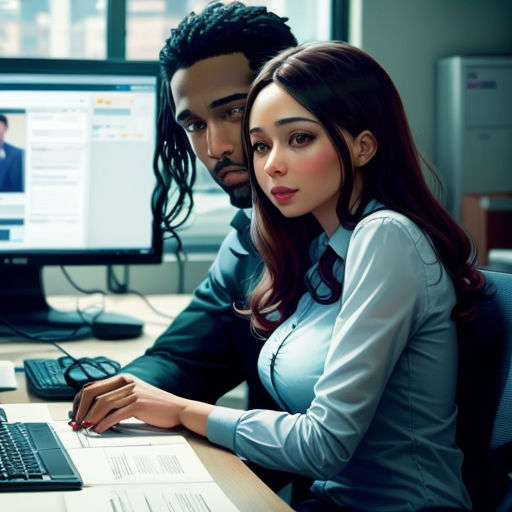 a man and a woman sitting at a desk with a laptop and a computer monitor on it, looking at the screen