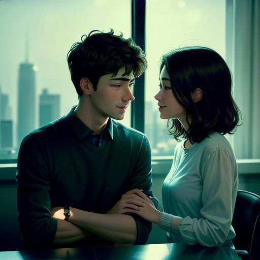 a couple of people that are sitting at a table together in front of a window with a city view