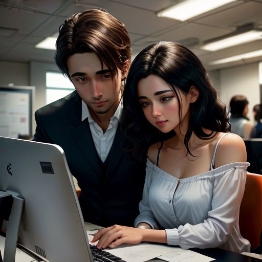 a man and a woman looking at a laptop computer screen in an office setting with people in the background