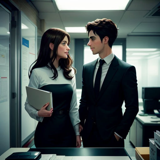 a man and a woman standing in an office looking at each other and smiling at each other with a binder on their lap