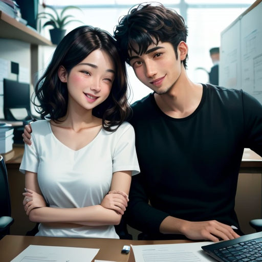 a man and a woman sitting at a desk with a computer and papers on it, and a keyboard