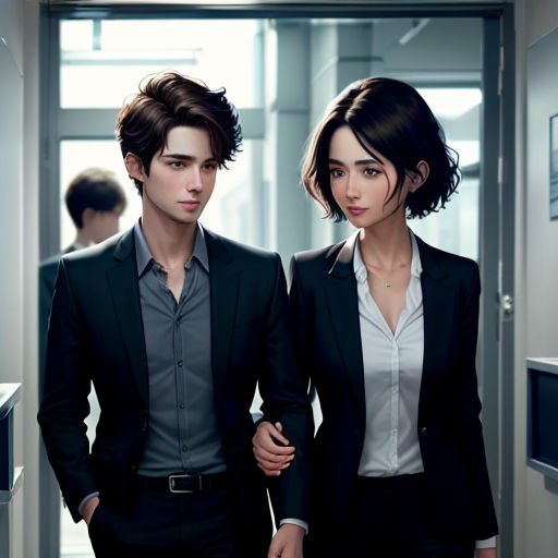 a man and a woman walking down a hallway together in suits and ties, with a man in a suit and tie