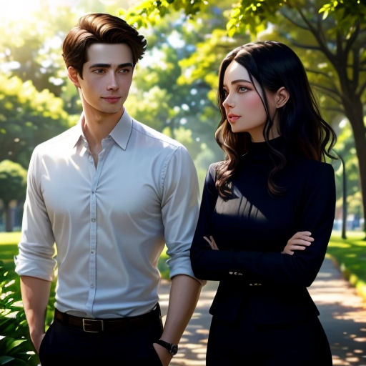 a man and a woman standing next to each other in a park with trees and grass in the background