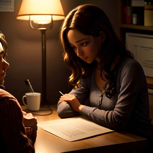 a woman sitting at a desk writing in a notebook next to a man sitting at a desk with a lamp on