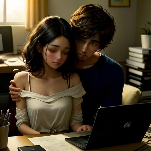 a man and a woman are looking at a laptop computer together in an office setting with a desk full of books and papers
