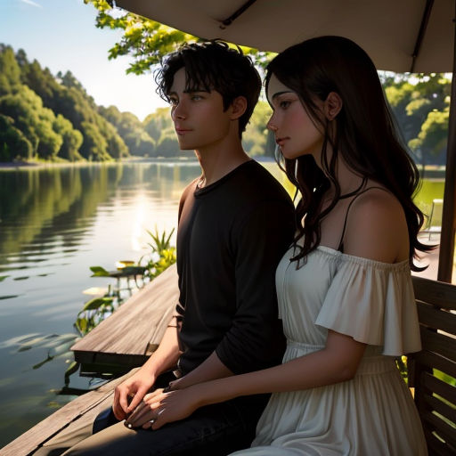 a man and a woman sitting on a bench next to a lake under an umbrella in the sun,