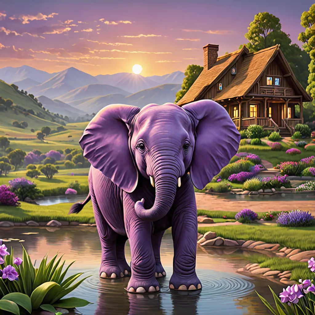 a painting of an elephant in a beautiful landscape with a house and flowers in the background, and a pond in the foreground, fantastic realism, a storybook illustration, Chris LaBrooy, highly detailed digital painting