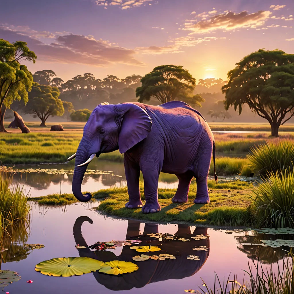 an elephant standing in a field next to a pond with lily pads and trees in the background at sunset, photorealism, a matte painting, Chris LaBrooy, wildlife photography