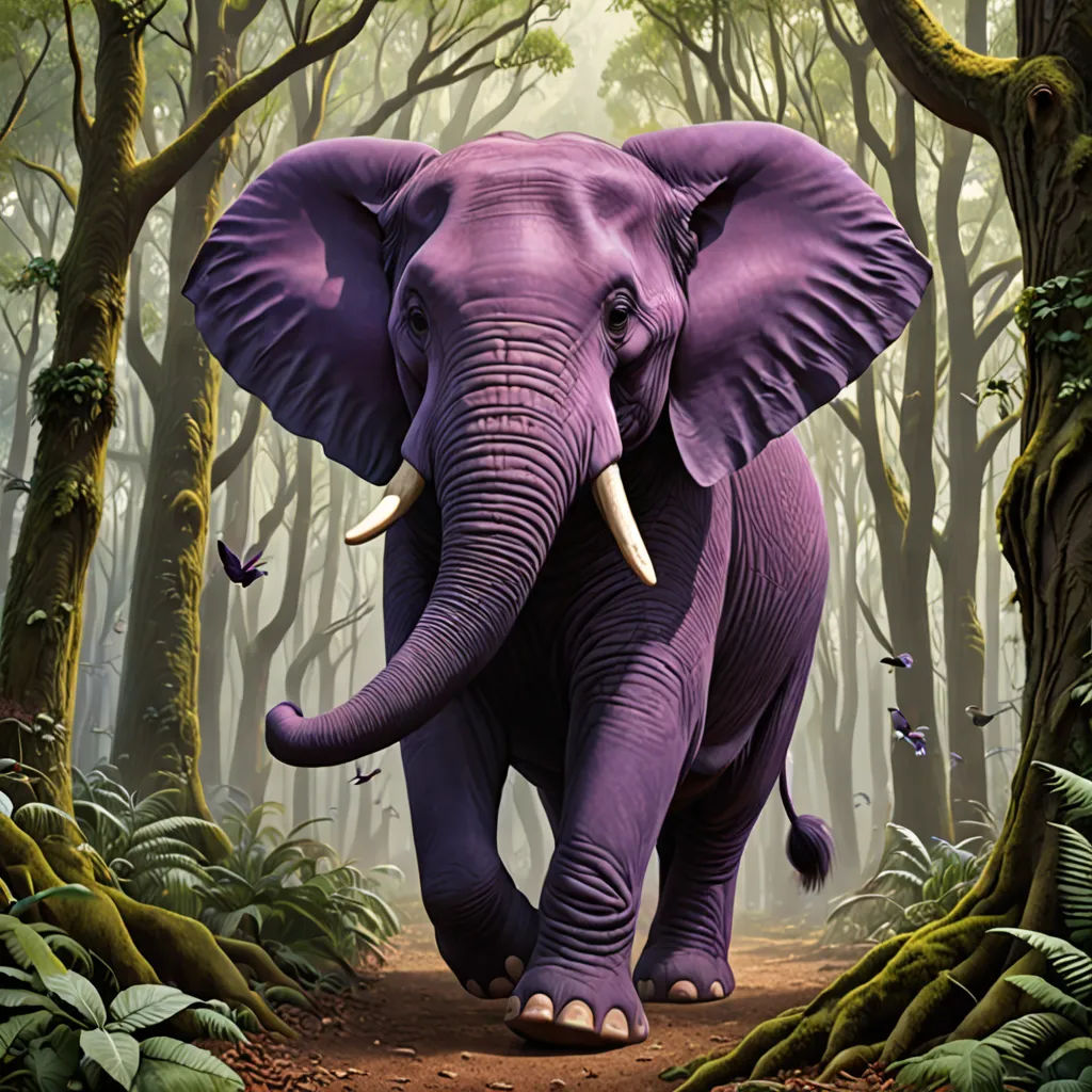 an elephant walking through a forest with lots of trees and plants on the ground and a bird flying above, fantastic realism, an airbrush painting, Chris LaBrooy, purple
