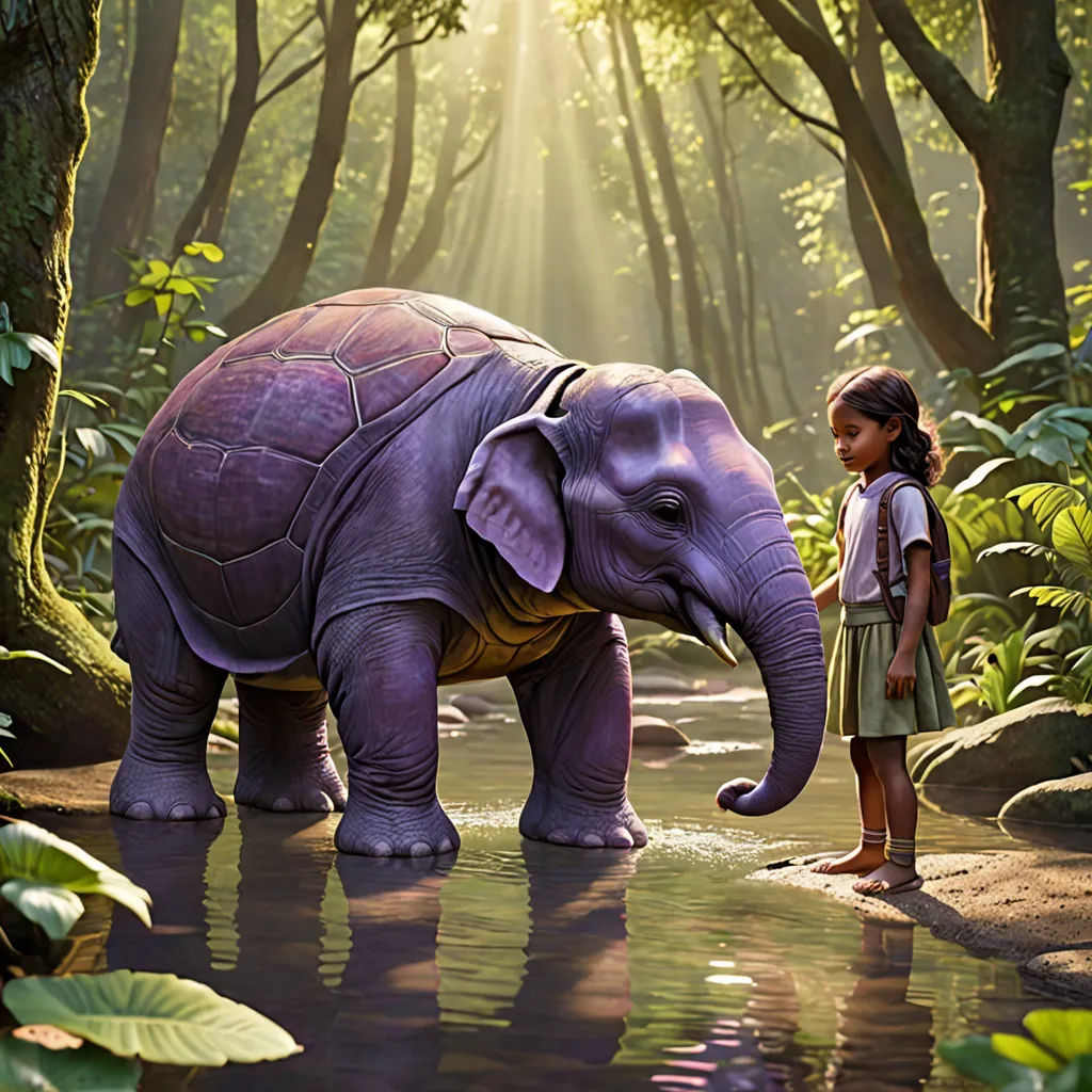 a girl standing next to an elephant in a forest with sunlight streaming through the trees and leaves on the ground, magical realism, a storybook illustration, Chris LaBrooy, promotional image