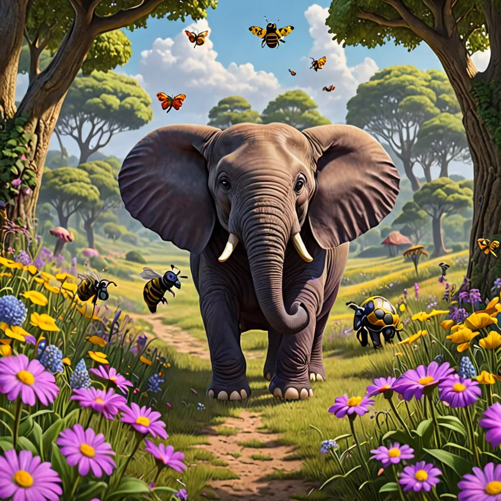 a painting of an elephant in a field of flowers and bees with a sky background and trees and flowers, fantastic realism, an airbrush painting, Chris LaBrooy, highly detailed digital painting