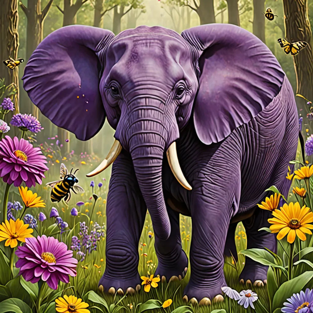 a painting of an elephant in a field of flowers and bees with a forest background with trees and flowers, fantastic realism, an airbrush painting, Chris LaBrooy, highly detailed digital painting