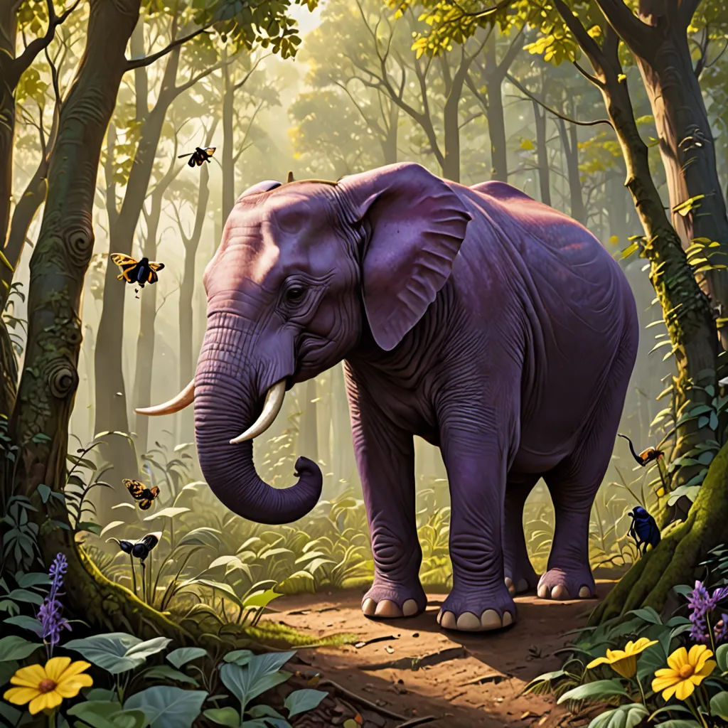 an elephant is walking through a forest with butterflies and flowers on the ground and in the air, with a path leading to the elephant, fantastic realism, an airbrush painting, Chris LaBrooy, highly detailed digital painting