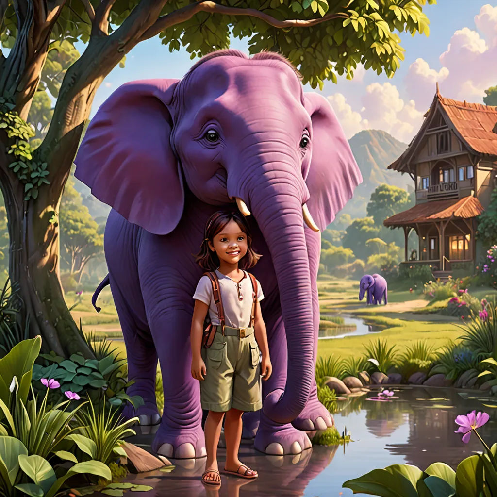 a girl standing next to an elephant in a jungle setting with a house and trees in the background and a pond, magical realism, a storybook illustration, Chris LaBrooy, cgstudio