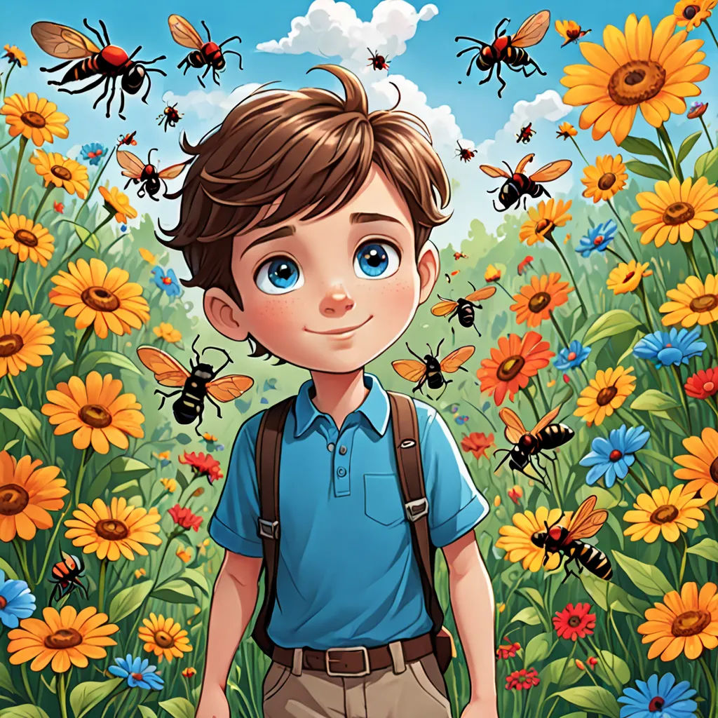 a boy in a field of flowers with bees flying around him and a bunch of bees flying around him, environmental art, a storybook illustration, Aaron Jasinski, comic cover art