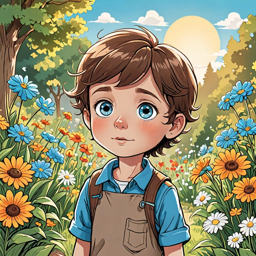 a boy standing in a field of flowers with a sun in the background and a forest full of flowers, fantasy art, a storybook illustration, Aaron Jasinski, comic cover art