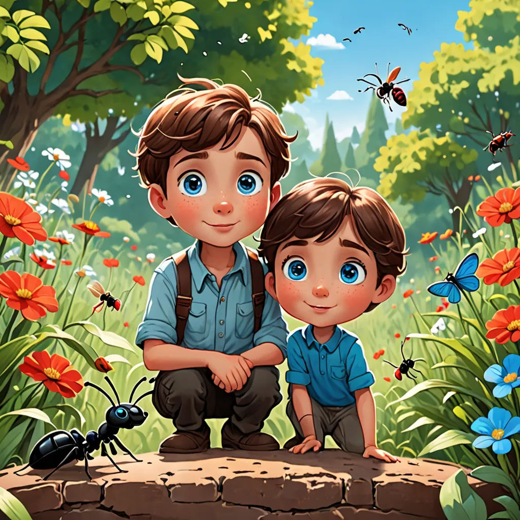 a couple of kids sitting on top of a rock in a field of flowers and bugs next to a tree, sots art, a storybook illustration, Brothers Hildebrandt, official art