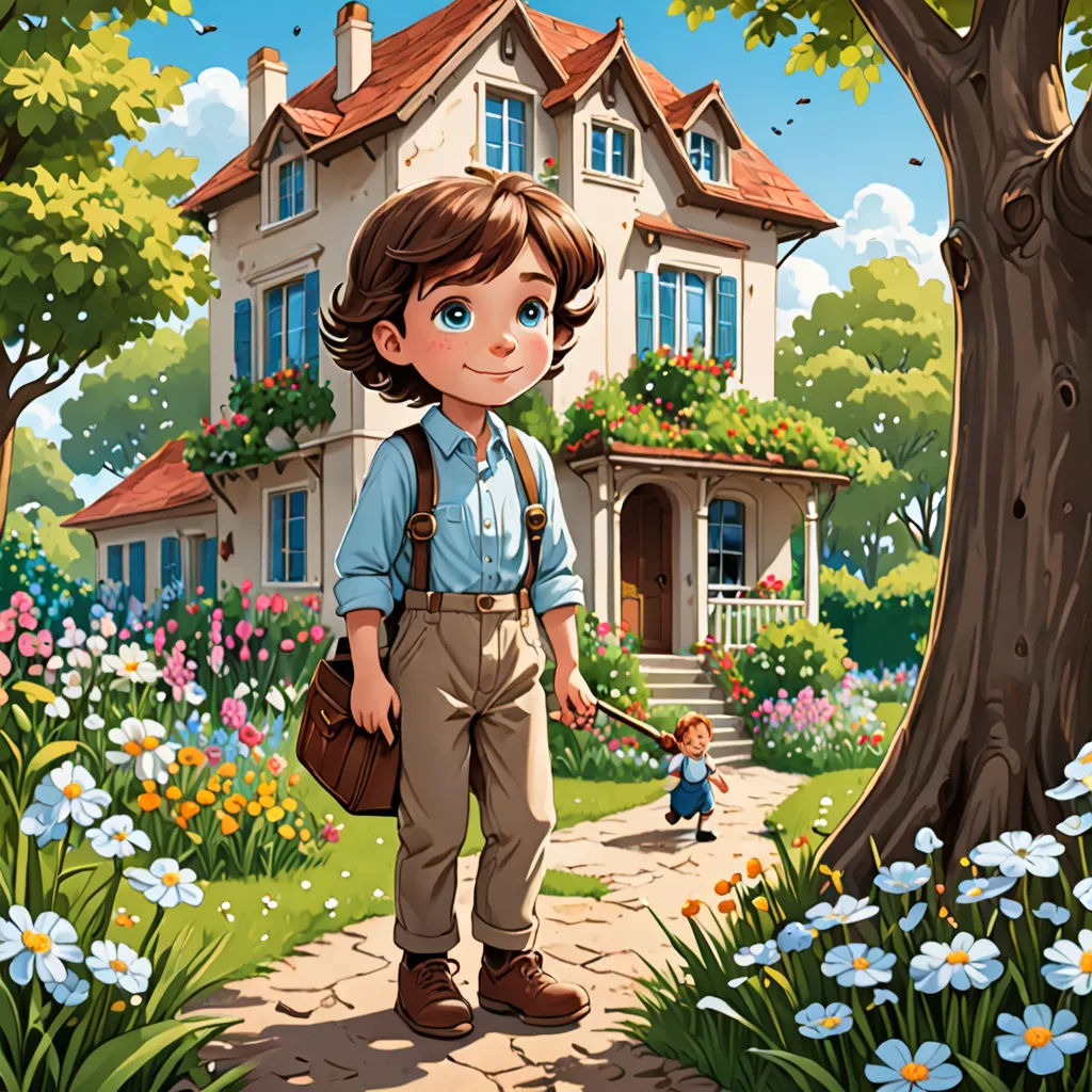 a boy is walking his dog in front of a house with flowers and trees on the ground and a little boy is walking his dog, naive art, a storybook illustration, Cedric Seaut (Keos Masons), storybook illustration