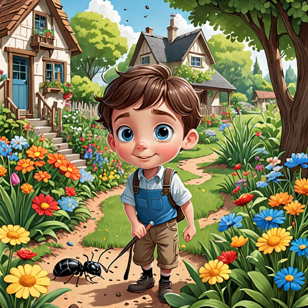 a boy with a bug in a garden with flowers and a house in the background with a ladybug, pop surrealism, a storybook illustration, Chris LaBrooy, storybook illustration