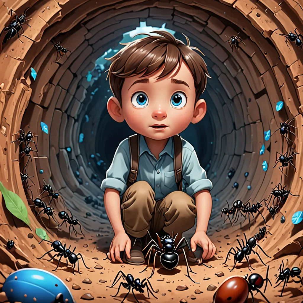 a boy kneeling down in a tunnel with many ants around him and a blue ball in the middle of the tunnel, pop surrealism, a storybook illustration, Aaron Jasinski, 2 d game art